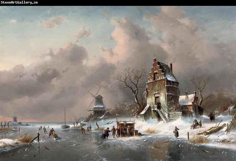 Charles Leickert Numerous skaters near a koek-en-zopie on a frozen waterway by a mansion,